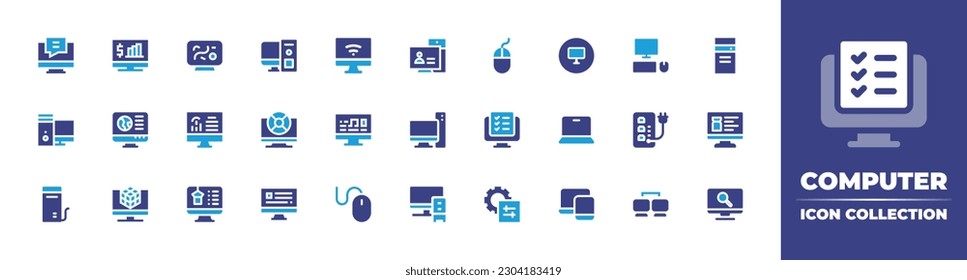 Computer icon collection. Duotone color. Vector illustration. Containing computer, pc, personal computer, mouse, desktop, cpu, laptop, uninterrupted power supply, online booking, design, server.