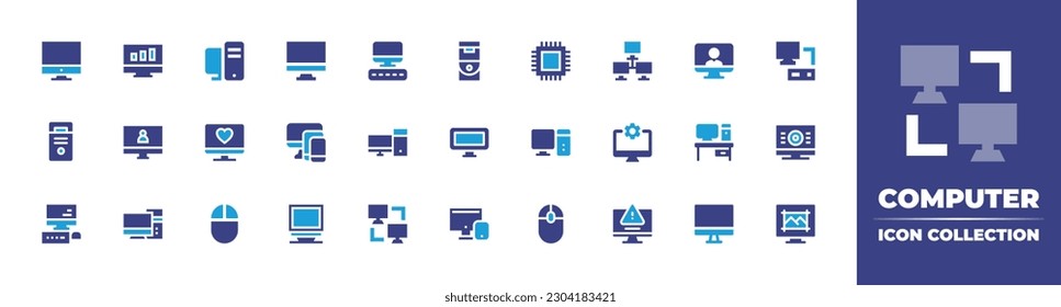 Sammlung von Computersymbolen. Duotonfarbe. Vektorgrafik. Enthält Computer, Bildschirm, PC, CPU, Netzwerk, Computer-Server, PC-Turm, Gerät, Schreibtisch, Maus, Monitor, Computernetzwerke, Warnung.