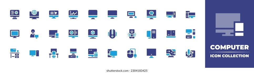 Computer icon collection. Duotone color. Vector illustration. Containing configuration, global, ecommerce, computer monitor, monitor black tool, screen, personal computer, computer, tv screen, reading