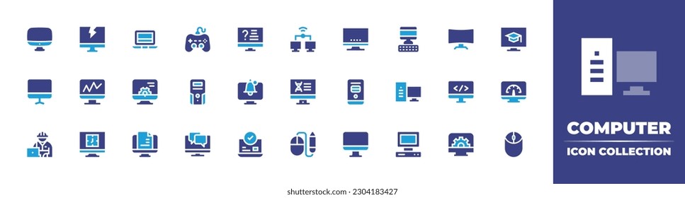 Colección de iconos del equipo. Color de duotona. Ilustración vectorial. Conteniendo computadora, crack, informática, juego, pregunta en línea, pc, monitor, educación en línea, estadísticas, ajustes, caso, investigación.