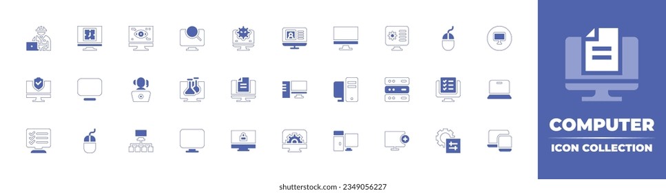 Computer icon collection. Duotone style line stroke and bold. Vector illustration. Containing engineer, clock, computer, virus, web, development, mouse, desktop, cyber, security, monitor, and more.