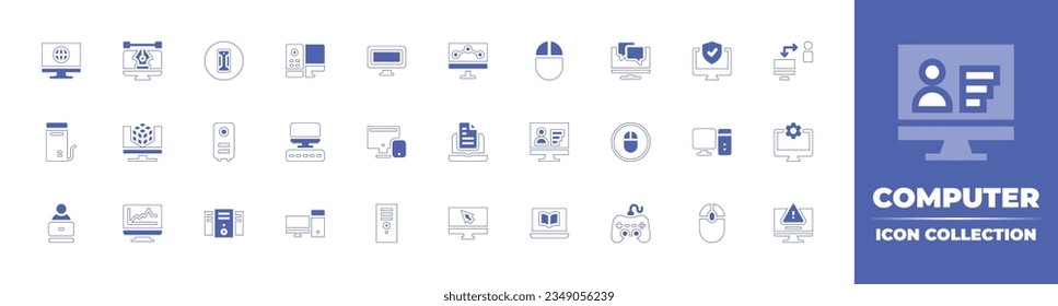 Sammlung von Computersymbolen. Duotone Stil Linie Strich und fett. Vektorgrafik. Enthält Computer, PC, Chemie, Maus, Konversation, Desktop, Benutzer, Erfahrung, Design, Dokument und mehr.