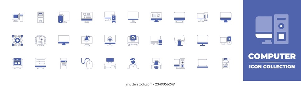 Computer icon collection. Duotone style line stroke and bold. Vector illustration. Containing computer, desktop, responsive, online, question, ecommerce, personal, pc, eye, cpu, monitor, web, and more