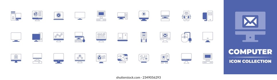 Computer icon collection. Duotone style line stroke and bold. Vector illustration. Containing computer, pc, check, television, old, settings, personal, monitor, game, screen, mouse, and more.