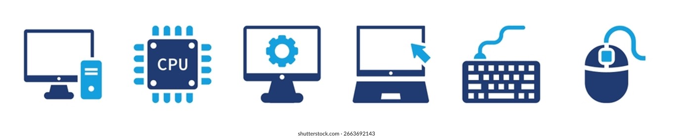 Computer icon collection including monitor, CPU, settings, laptop, keyboard, and mouse in solid and modern style for technology interface