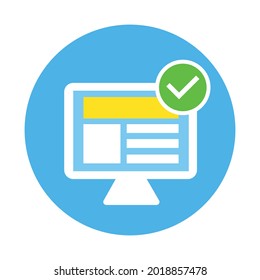 Computer icon with confirmation. Minimalistic icon on a blue background. Isolate.