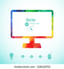 Computer icon. Creativity concept with colorful computer screen. Artist at work. Symbol of visual art. Vector illustration. Watercolor silhouette of computer screen. Computer painting.