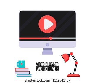 Computer icon design. Workplace video blogger. Computer with video player program on monitor. Work video computer screen sign.