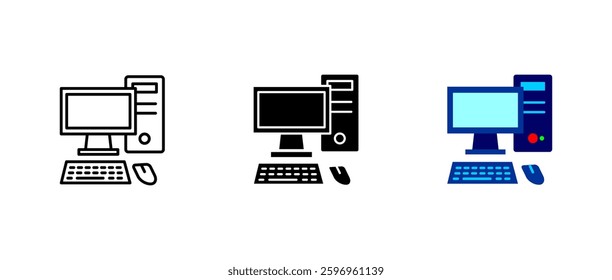 Computer icon. Desktop PC device sign. Monitor, keyboard, and mouse symbol. Modern technology and office equipment pictogram. Personal workstation illustration.