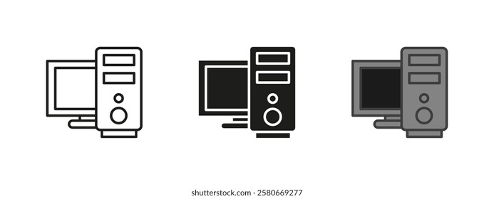 Computer icon. Desktop PC vector illustration. Office workstation symbol. Technology hardware sign. Internet network concept. Digital processing graphic. Tower PC with monitor classic desktop setup.