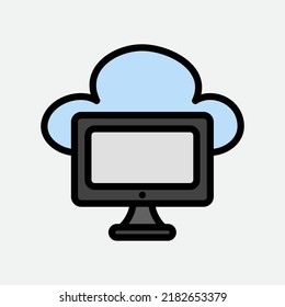 Icono de computadora con estilo de línea relleno sobre computación en nube, uso para presentación de aplicaciones móviles en sitios web