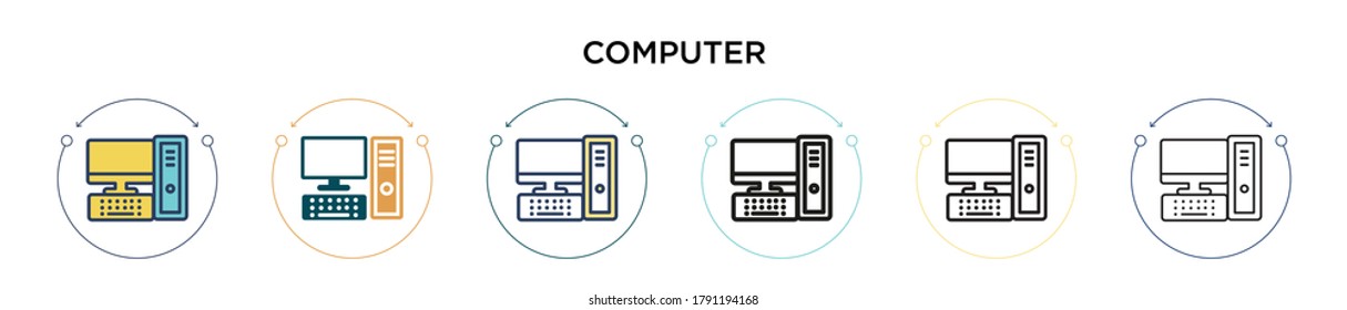 Computer icon in filled, thin line, outline and stroke style. Vector illustration of two colored and black computer vector icons designs can be used for mobile, ui, web