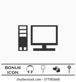 Computer icon flat. Black pictogram on white background. Vector illustration symbol and bonus button
