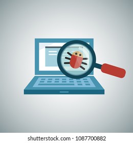 computer icon flat bug virus antivirus magnifier computer icon flat bug virus antivirus notebook web flat illustration chat social network connection coding program technology pc display designer
