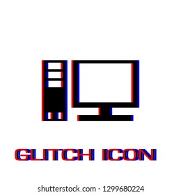 Computer icon flat. Simple pictogram - Glitch effect. Vector illustration symbol