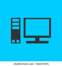 Computer icon flat. Simple vector black pictogram on blue background