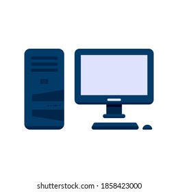 Computer icon in flat style. Monitor, system unit, mouse, keyboard. Org appliances on an isolated white background. Vector stock illustration.