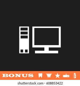 Computer icon flat. White pictogram on black background. Vector illustration symbol and bonus button tooth, vase, star, mirror, bottle