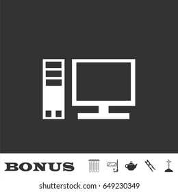 Computer icon flat. White pictogram on black background. Vector illustration symbol and bonus icons