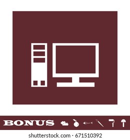 Computer icon flat. White pictogram on brown background. Vector illustration symbol and bonus icons