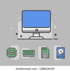 computer icon with hardware icon . Hardware icon namely cpu , memory slot , memory , hdd 
