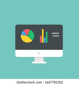 Computer icon isolated with chart, diagram, graphic in flat design, minimalism. Vector EPS 10