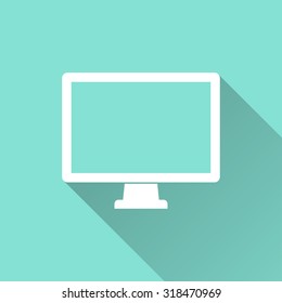Computer  icon with long shadow on green background, flat design. Vector illustration.