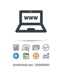 Computer icon. Notebook or laptop pc symbol. Statistics chart, chat speech bubble and contacts signs. Check web icon. Vector