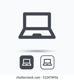 Computer icon. Notebook or laptop pc symbol. Square buttons with flat web icon on white background. Vector