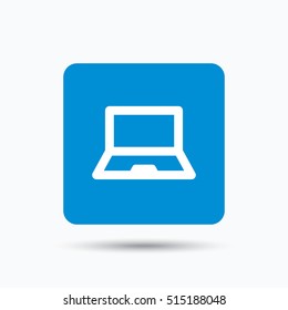 Computer icon. Notebook or laptop pc symbol. Blue square button with flat web icon. Vector