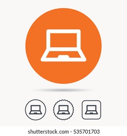 Computer icon. Notebook or laptop pc symbol. Orange circle button with web icon. Star and square design. Vector