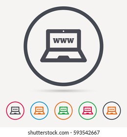 Computer icon. Notebook or laptop pc symbol. Round circle buttons. Colored flat web icons. Vector