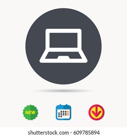 Computer icon. Notebook or laptop pc symbol. Calendar, download arrow and new tag signs. Colored flat web icons. Vector