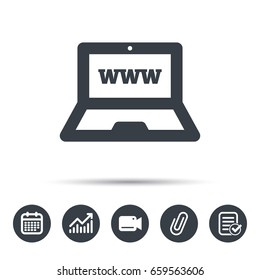 Computer icon. Notebook or laptop pc symbol. Calendar, chart and checklist signs. Video camera and attach clip web icons. Vector