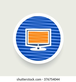 Computer icon on blue sticker with pattern.