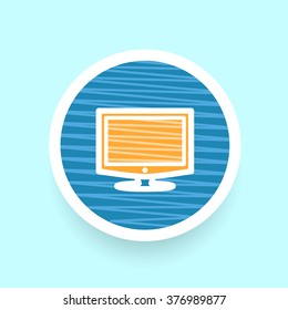 Computer icon on blue sticker with pattern.