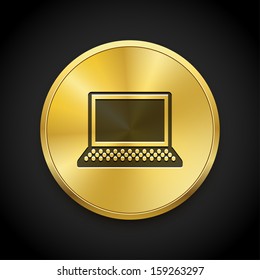 Computer icon on golden button. Vector background.