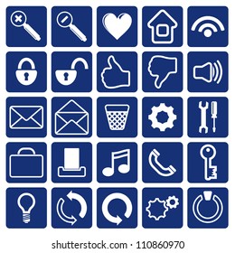 Computer Icon on Square Blue and White Button Collection Original Illustration