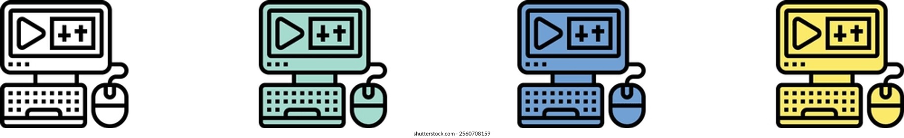 computer icon. Outline, Green, Blue and Yellow Style Design Isolated On White Background