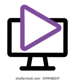 computer icon. computer with play. outline vector icon. can use for, icon design element,ui, web, mobile app.