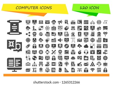  computer icon set. 120 filled computer icons. Simple modern icons about  - Scroll, Ebooks, Virus, Computer, Email, Key, Diskette, Communication, Click, Keyboard, Web design, Data table