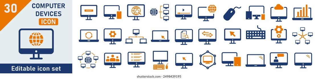 Computersymbolsatz. Set von 30 Gliederungssymbolen in Bezug auf Computer, Netzwerk, Medien, Setup. Lineare Symbolsammlung. Sammlung von Computerumrisssymbolen Bearbeitbarer Strich. Vektorgrafik.