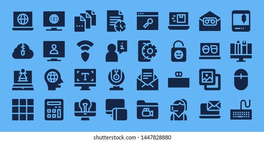 computer icon set. 32 filled computer icons. on blue background style Collection Of - Internet, Zip cloud, Laptop, Keypad, Television, Head, Calculator, File, Wireless, Typography