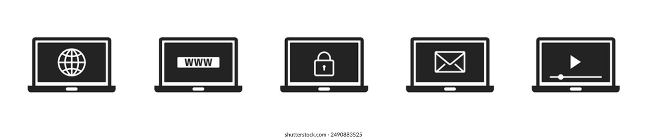 Computer icon set. Set of 5 outline icons related to laptop or computer. Linear icon collection. Laptop or computer outline icons collection. Editable stroke. Vector illustration.