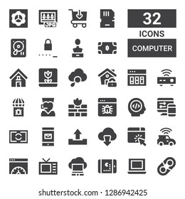 Computer Icon Set. Collection Of 32 Filled Computer Icons Included Hugh, Laptop, Pacman, Television, Page Speed, Connection, Website, Download, Upload, Email, Screen, Computer