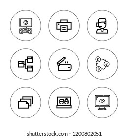 Computer icon set. collection of 9 outline computer icons with call center, computer, exchange, laptop, paper, printer, scanner, website icons. editable icons.