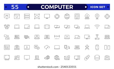 Conjunto de iconos de computadora. Conteniendo en línea, ordenador, red, Sitio web, servidor, Diseño web, hardware, software monitor, smartphone, tableta y portátil y programando . Colección de Vector de iconos de contorno.
