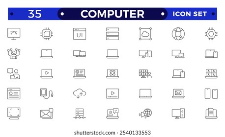 Conjunto de iconos de computadora. Conteniendo en línea, ordenador, red, Sitio web, servidor, Diseño web, hardware, software monitor, smartphone, tableta y portátil y programando . Colección de Vector de iconos de contorno.
