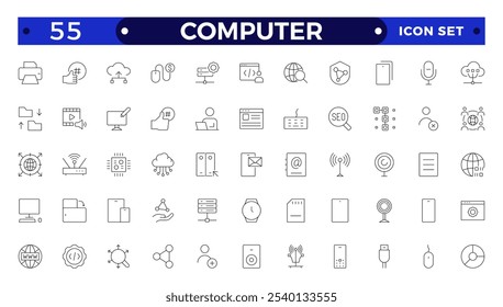 Conjunto de iconos de computadora. Conteniendo en línea, ordenador, red, Sitio web, servidor, Diseño web, hardware, software monitor, smartphone, tableta y portátil y programando . Colección de Vector de iconos de contorno.
