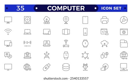 Conjunto de iconos de computadora. Conteniendo en línea, ordenador, red, Sitio web, servidor, Diseño web, hardware, software monitor, smartphone, tableta y portátil y programando . Colección de Vector de iconos de contorno.
